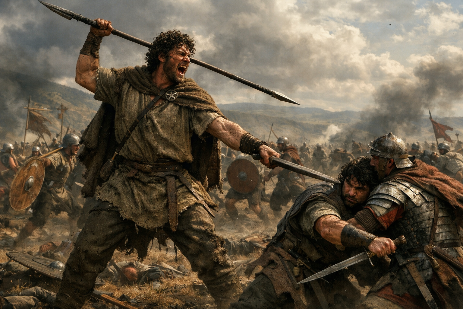 A battle scene from a historical or fantasy film. A man with curly hair and a beard, dressed in tattered clothing, is wielding a spear and shouting, fighting against another man in armor. Several soldiers with shields and armor are engaged in combat in the background, with smoke and a cloudy sky overhead.