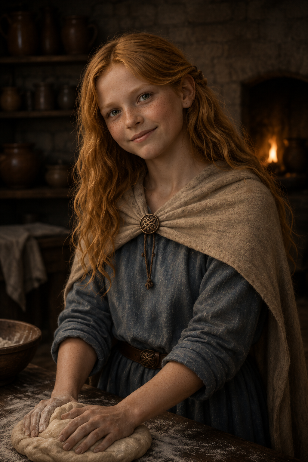 A young woman with long red hair and freckles kneading dough on a wooden table in a rustic kitchen with a fireplace in the background.