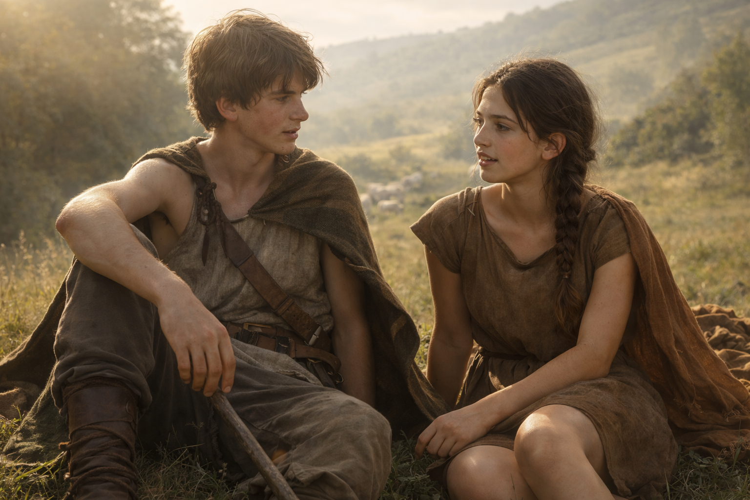 A young man and woman sit outdoors in a grassy field, facing each other and engaged in conversation. The man has messy brown hair and is dressed in rugged, historical-style clothing with a brown cloak, while the woman has long brown hair in a braid, wearing similar rugged clothing. The background features rolling hills and trees, with warm sunlight illuminating the scene.