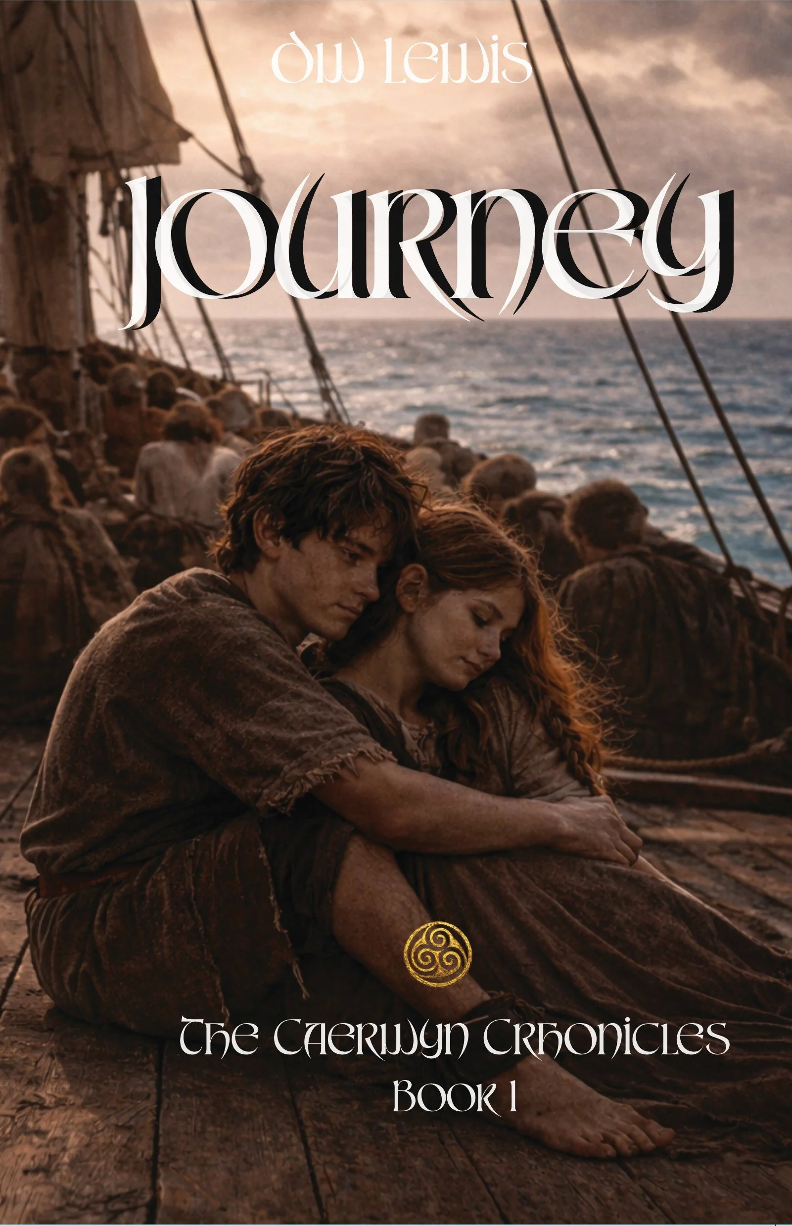 Cover of a book showing a man and woman sitting on a wooden deck by the sea, with ropes and sails in the background, during sunset.