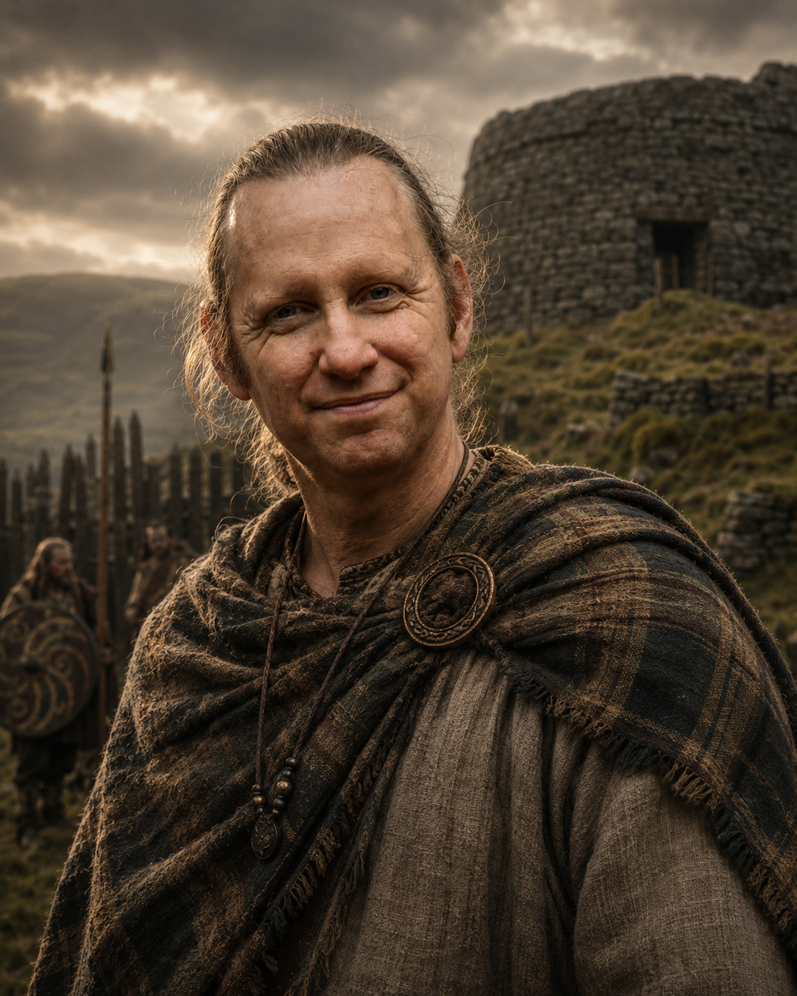 A man dressed in medieval Scottish attire, smiling with a stone tower and other people in historical clothing in the background, under a cloudy sky.