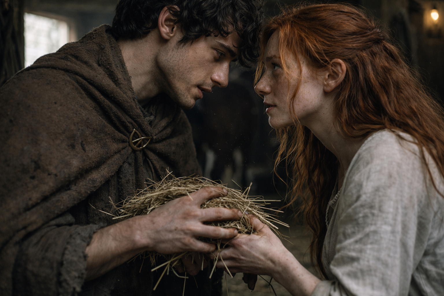 A young man and woman with their foreheads and noses touching, gazing into each other's eyes while holding a nest made of twigs.