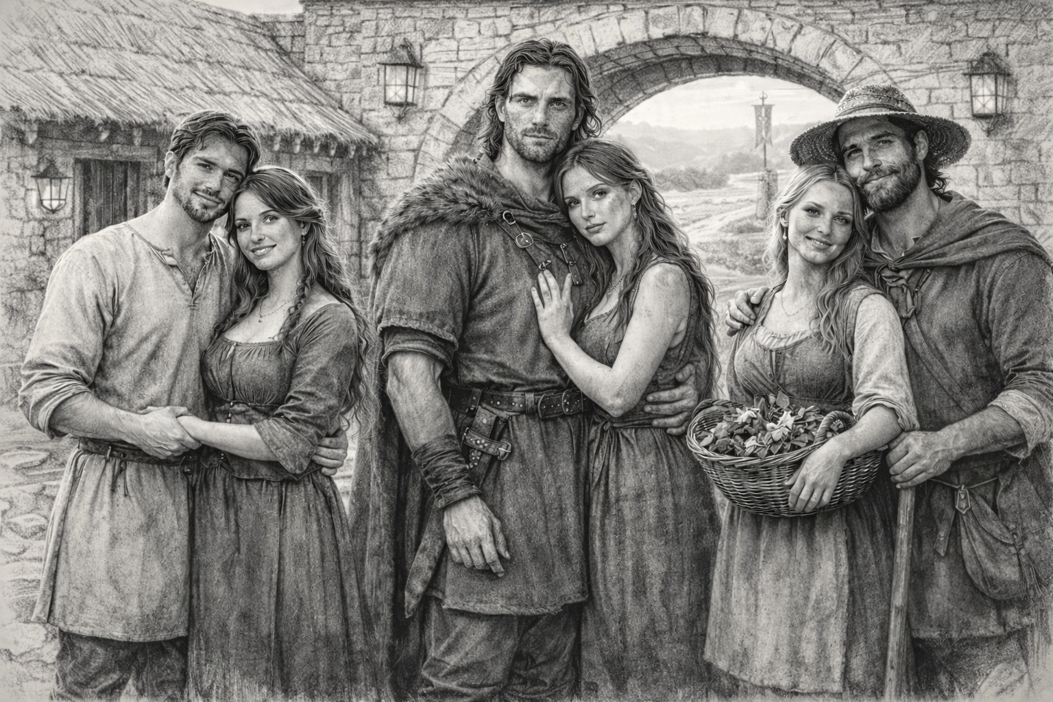 Black and white photo of six characters dressed in medieval or fantasy costumes, standing outdoors with a stone archway and thatched roofs in the background.