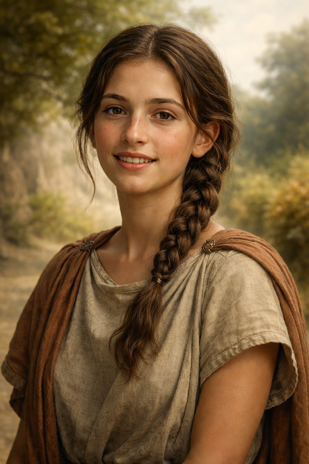 A young woman with long brown hair in a braid, wearing a beige rustic tunic and a brown cloak, standing outdoors with trees and a cloudy sky in the background.