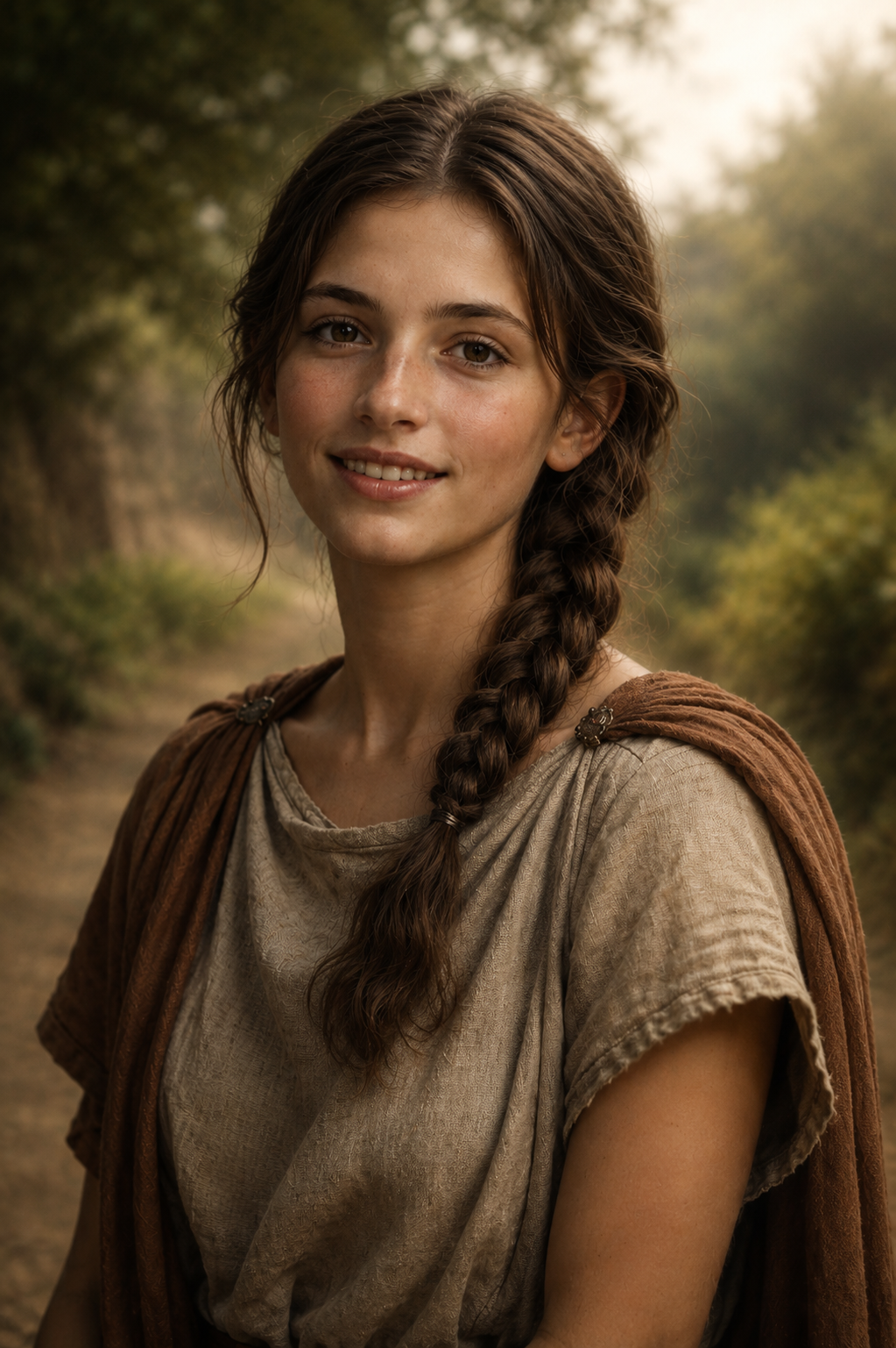 A young woman with long, braided brown hair, wearing a rustic beige top and a brown shawl, standing outdoors on a dirt path surrounded by green trees, smiling softly at the camera.