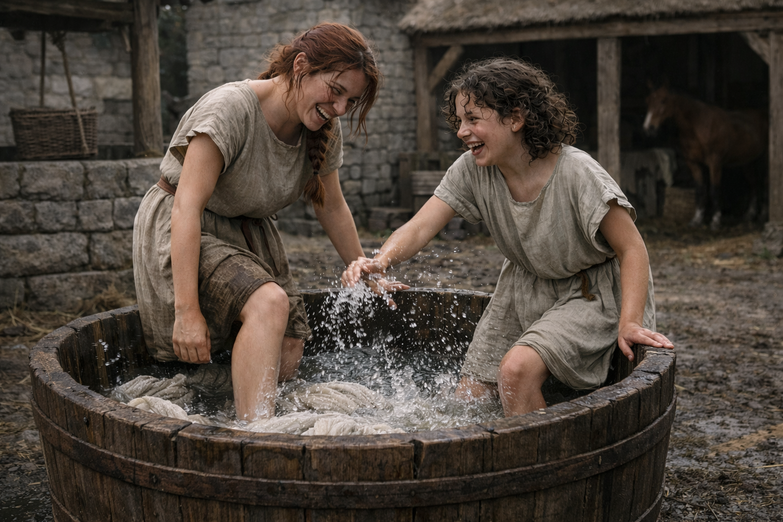 Two women smiling and playing in a wooden tub of water outside, dressed in simple, old-fashioned clothing, with a stone wall and barn in the background.