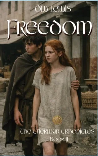 Cover of a book titled 'Freedom', featuring a young man with dark hair and a young red-haired woman standing close together in an outdoor, rustic setting.