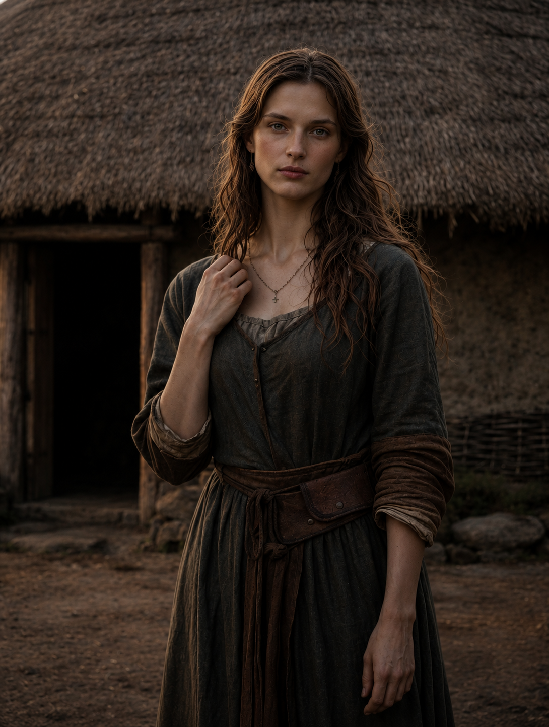 A young woman with long, wavy brown hair stands outdoors in front of a thatched-roof building, wearing a dark, historical-style dress with a necklace, and looking into the camera with a serious expression.
