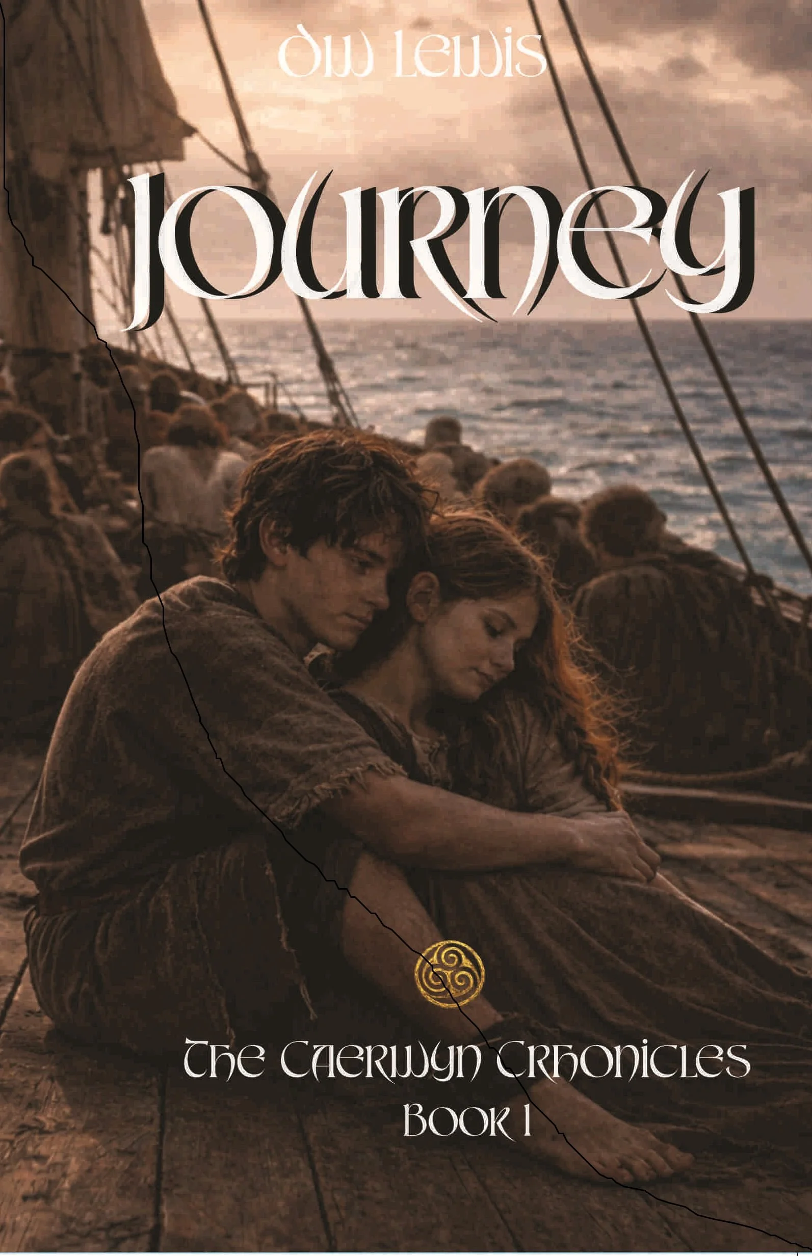 Book cover for "The Caerwyn Chronicles: Book 1" with a romantic scene of a young man and woman sitting on a wooden dock by the water at sunset, embracing each other, and a ship in the background.