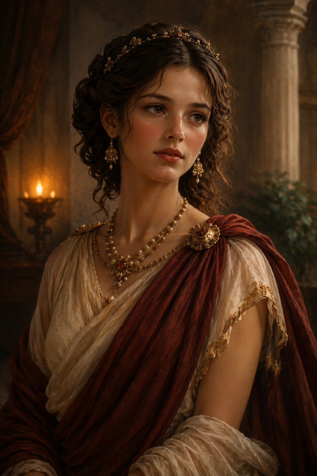 A young woman with curly brown hair wearing an elegant historical gown in beige and red, adorned with gold jewelry, standing indoors with a classical background featuring columns and warm lighting.