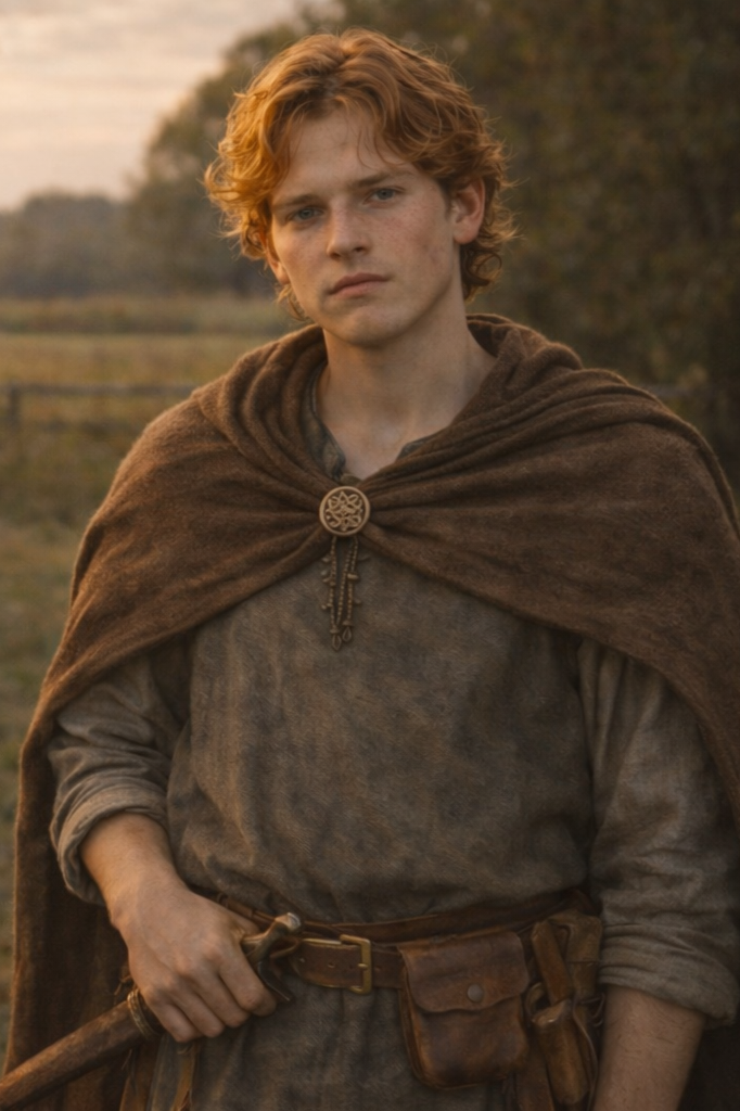 A young man with red hair standing outdoors in a rural landscape during sunset, dressed in medieval-style clothing with a brown cloak and carrying a sword.