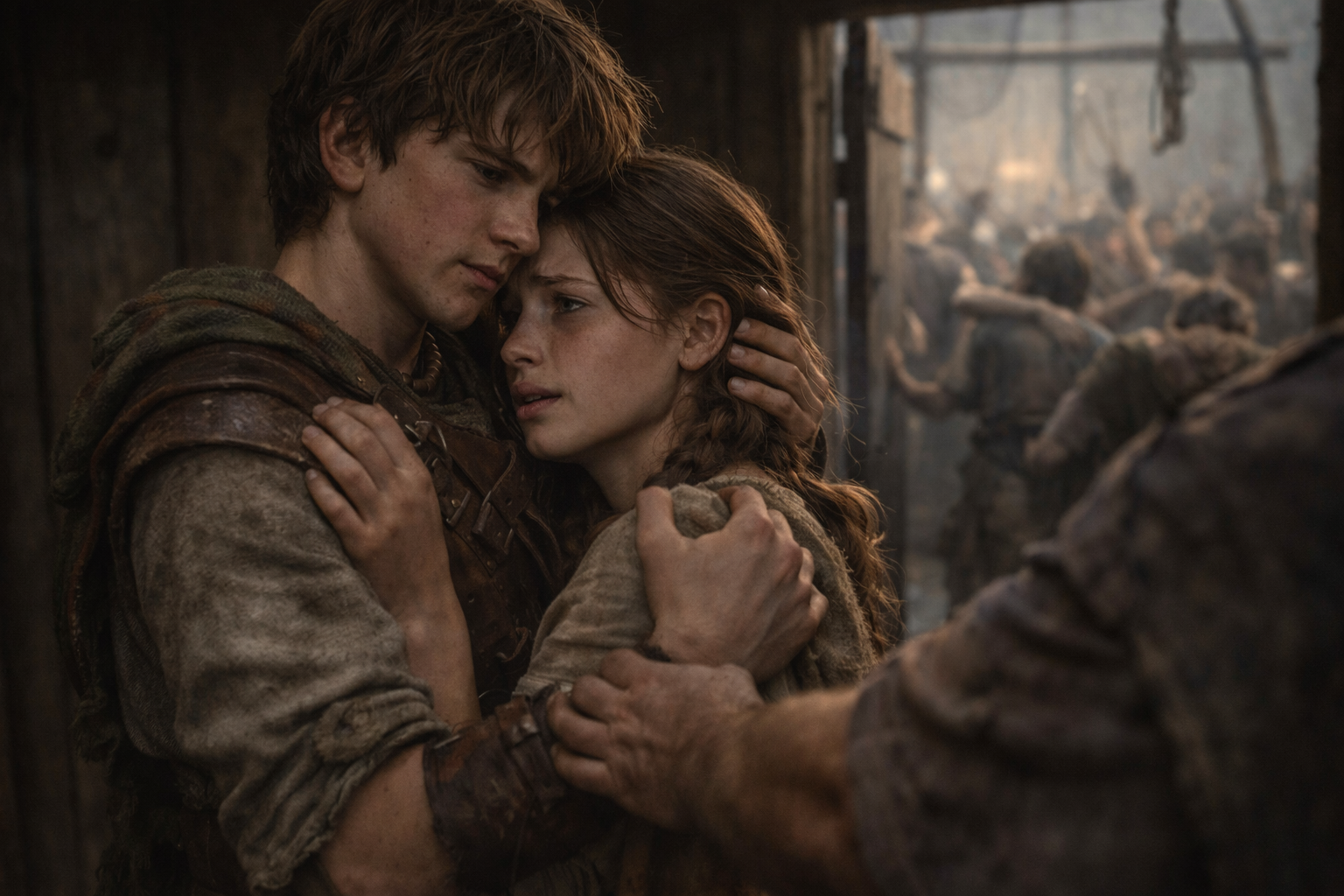 Two young people, a man and a woman, are embracing each other with emotional expressions inside a rustic wooden building, with other people visible in the background.