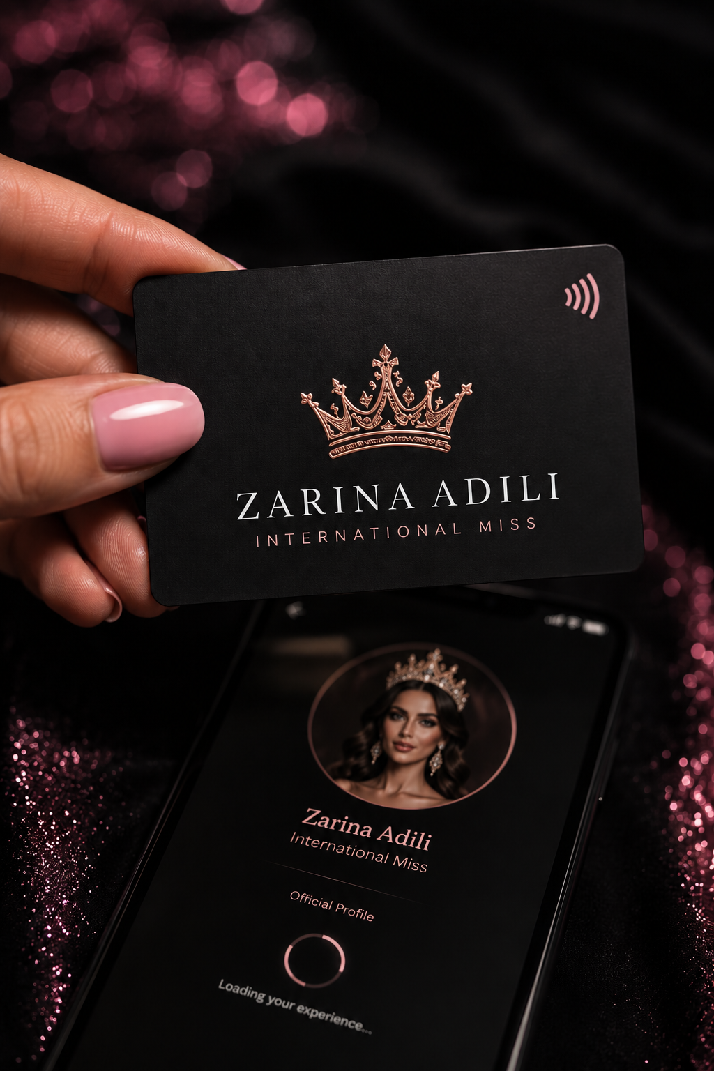 A hand holding a black card with a crown logo and the name ZARINA ADILI, INTERNATIONAL MISS, on a dark background with pink bokeh. Below, a mobile phone screen displays ZARINA ADILI's profile picture, her name, and page that loads her official profile.