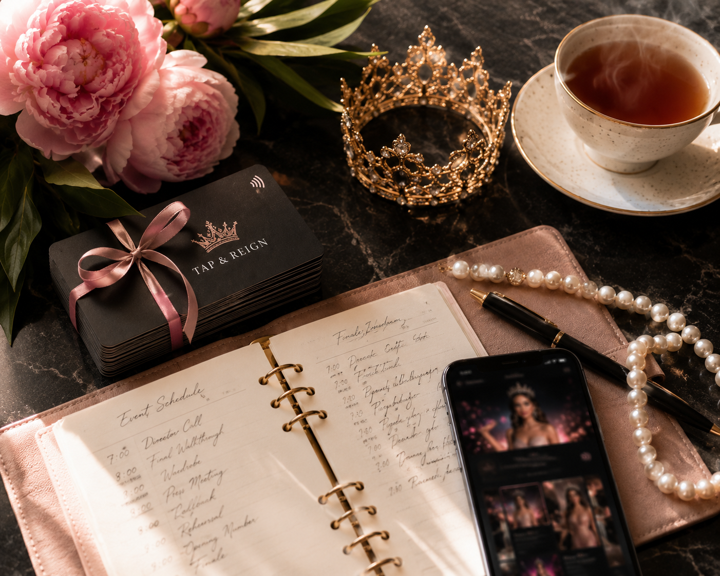 A collection of items for a pageant or beauty contest, including a tiara, a string of pearls, a pen, a planner with event schedule, a mobile phone displaying a woman in a crown, a cup of tea, a black business card holder with a pink ribbon from 'Tap & Reign', a bouquet of pink peonies, and a floral-themed background.