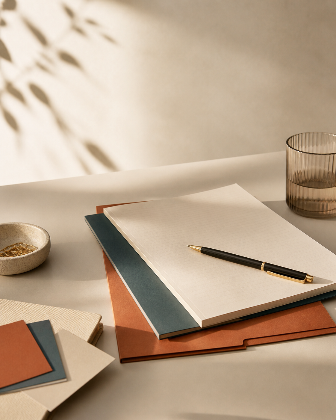 Desk with notebooks, a pen, a glass, papers, a small dish, and shadows on the wall