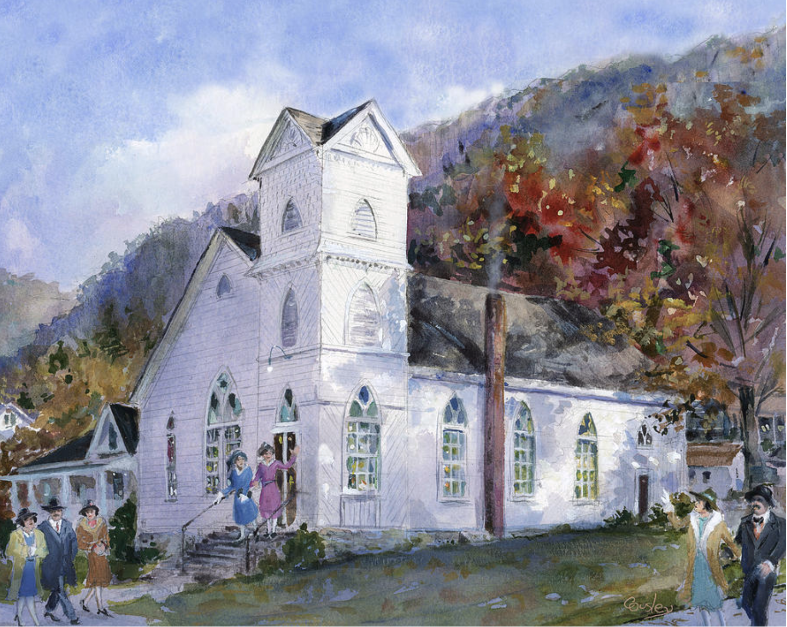 A watercolor painting of a white church with tall, arched windows, set against a backdrop of autumn-colored trees and mountains. Several people dressed in early 20th-century attire are standing outside the church.