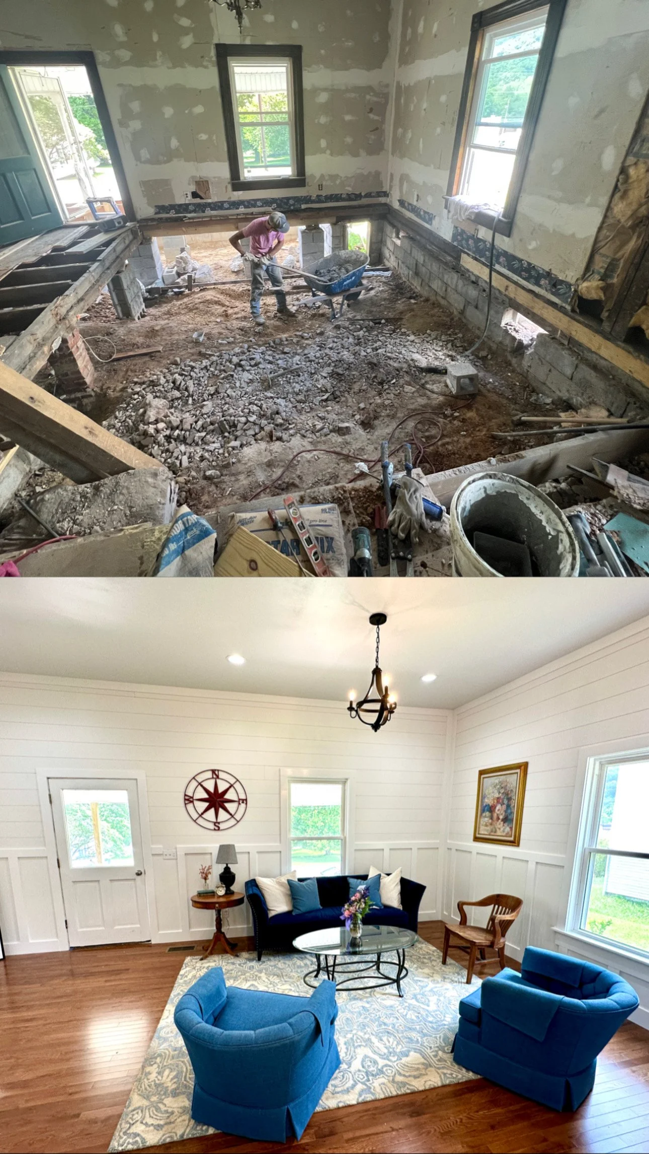 First image shows a room under renovation with a worker using a wheelbarrow and tools, exposing a dirt floor. Second image depicts a finished, decorated living room with white paneled walls, a chandelier, blue furniture, framed pictures, and a colorful rug.