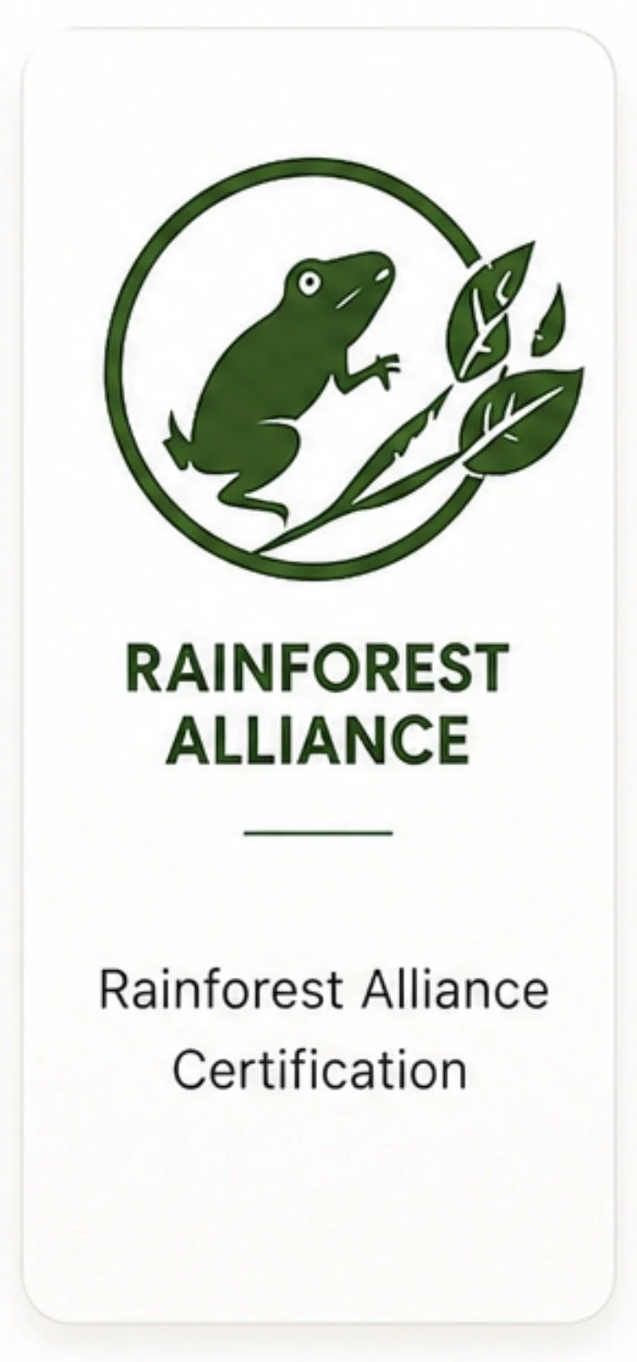 Zertifizierungslogo der Rainforest Alliance mit grüner Kaulquappe auf Blättern und Text