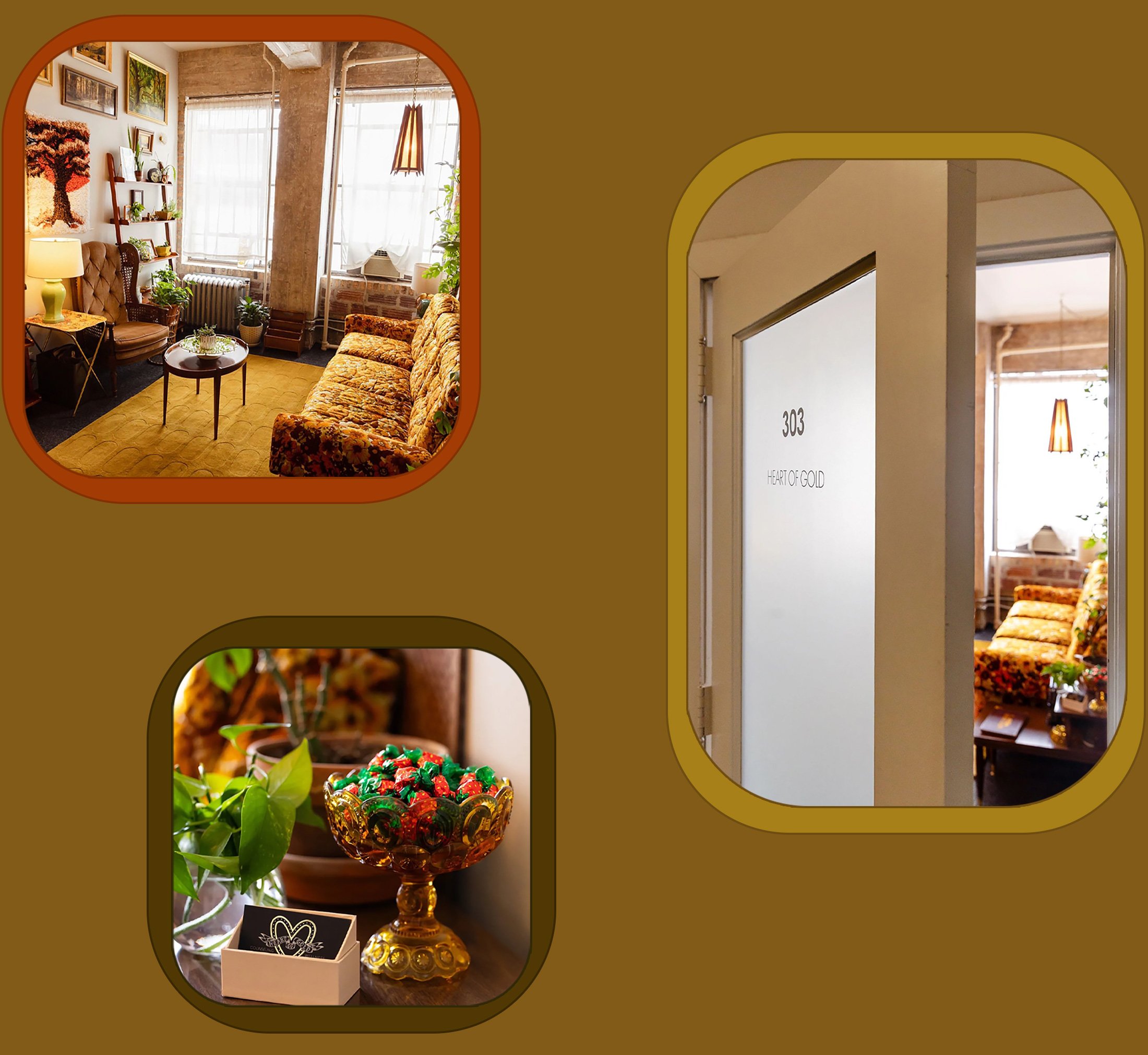 Photos of the interior of Heart of Gold, including a vintage couch, candy dish, and front door.