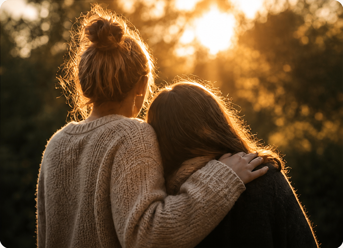 Two women embrace outdoors during sunset, with warm sunlight in the background and one resting her head on the other's shoulder.