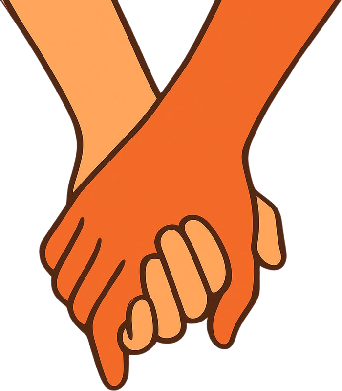 Two hands holding each other, one hand darker skin and one hand lighter skin, symbolizing unity or friendship.