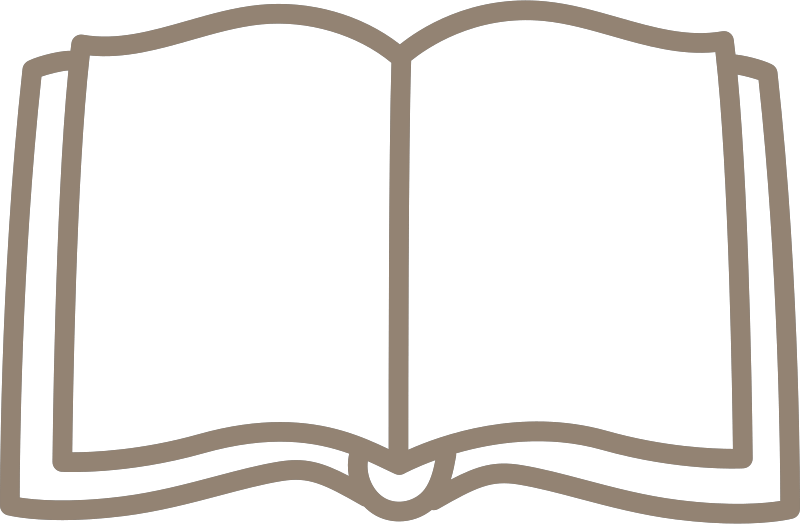 Outline drawing of an open book with blank pages.