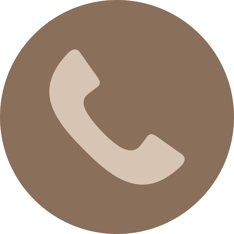 Icon of a phone handset on a brown circular background.