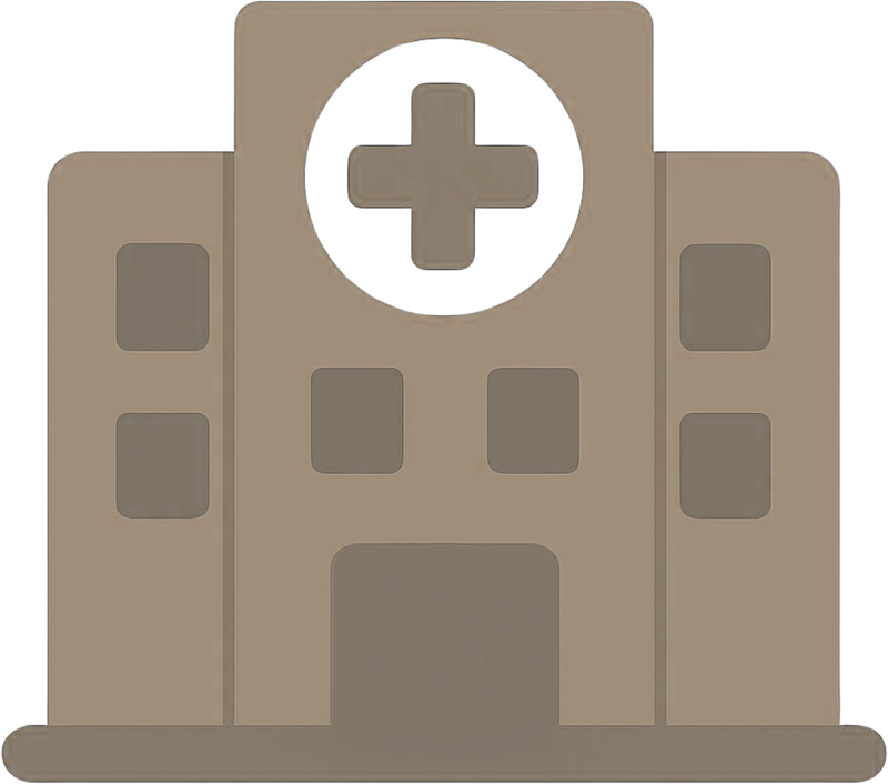 Illustration of a hospital building with a cross symbol at the top center.