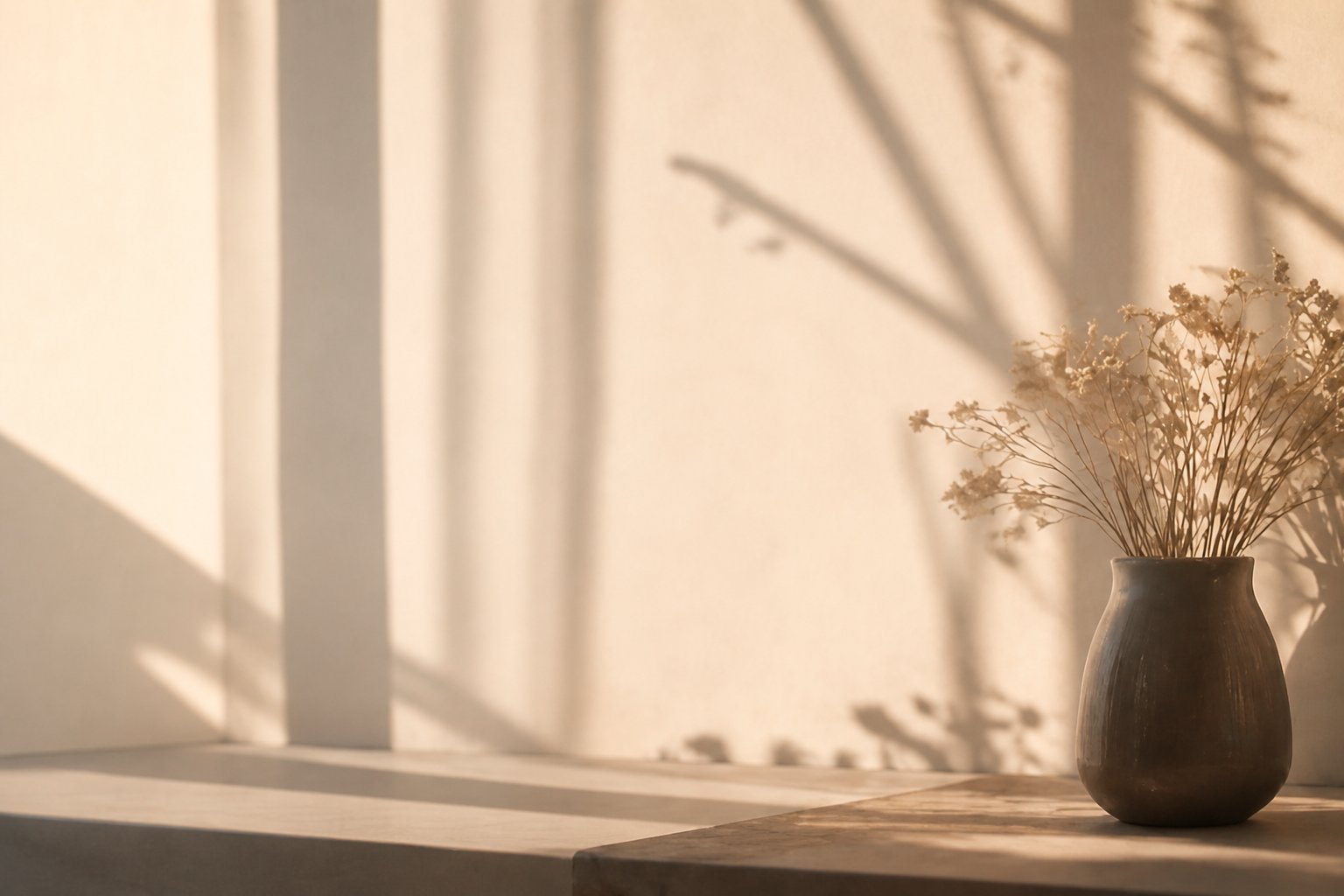 A dark ceramic vase with dried white flowers sitting on a hardwood surface, casting shadows on a neutral-colored wall.