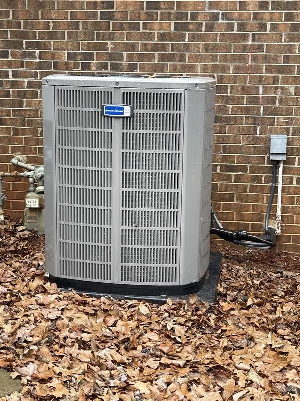 A large Trane HVAC air conditioning unit installed outside on a concrete pad, next to a brick wall, with fallen leaves on the ground.