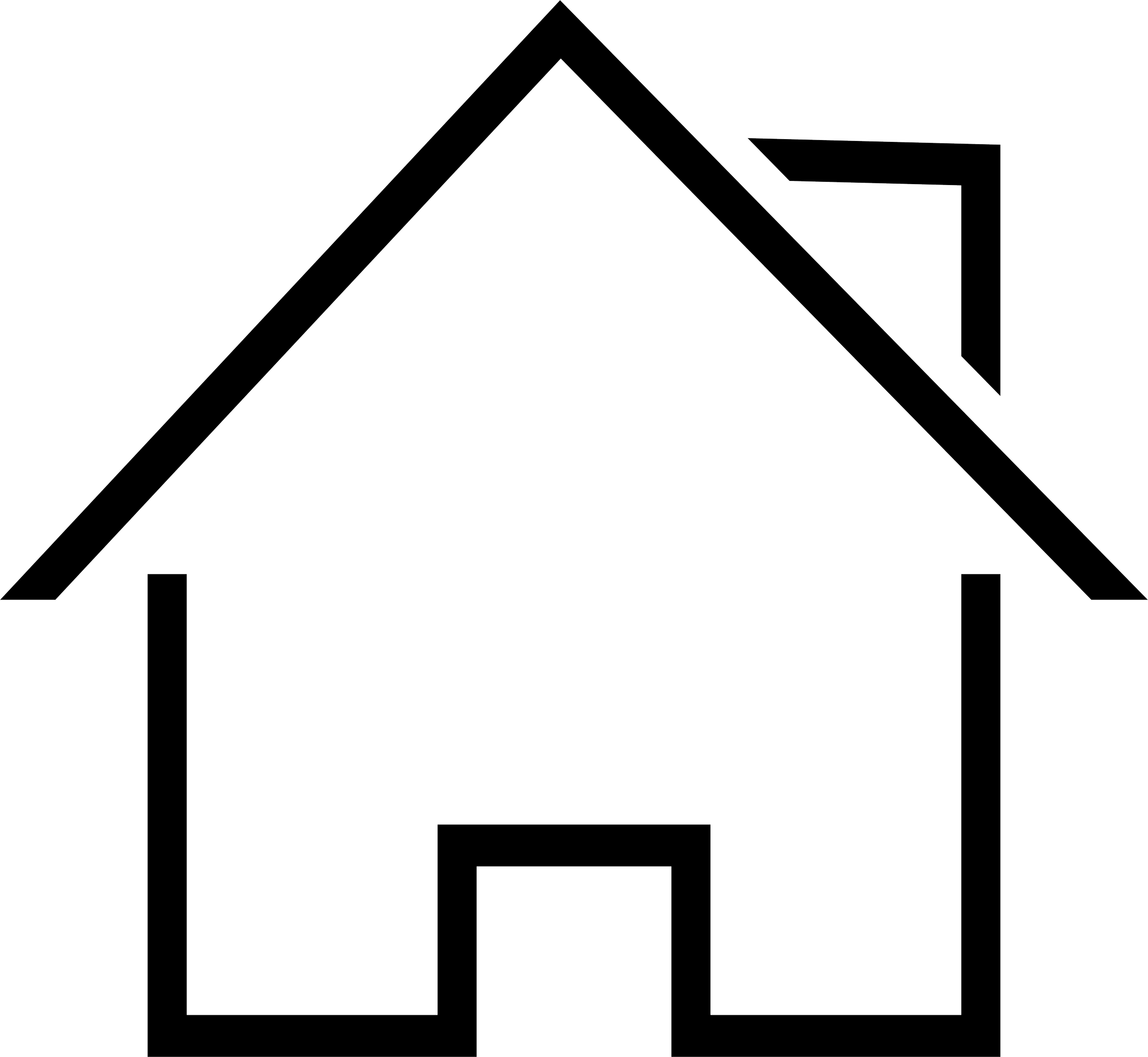 Black and white outline of a house with a pitched roof, door, and two windows.
