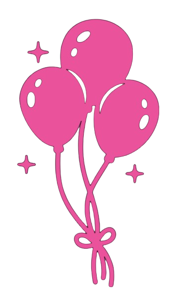 Three pink balloons tied together with a bow, surrounded by sparkles.