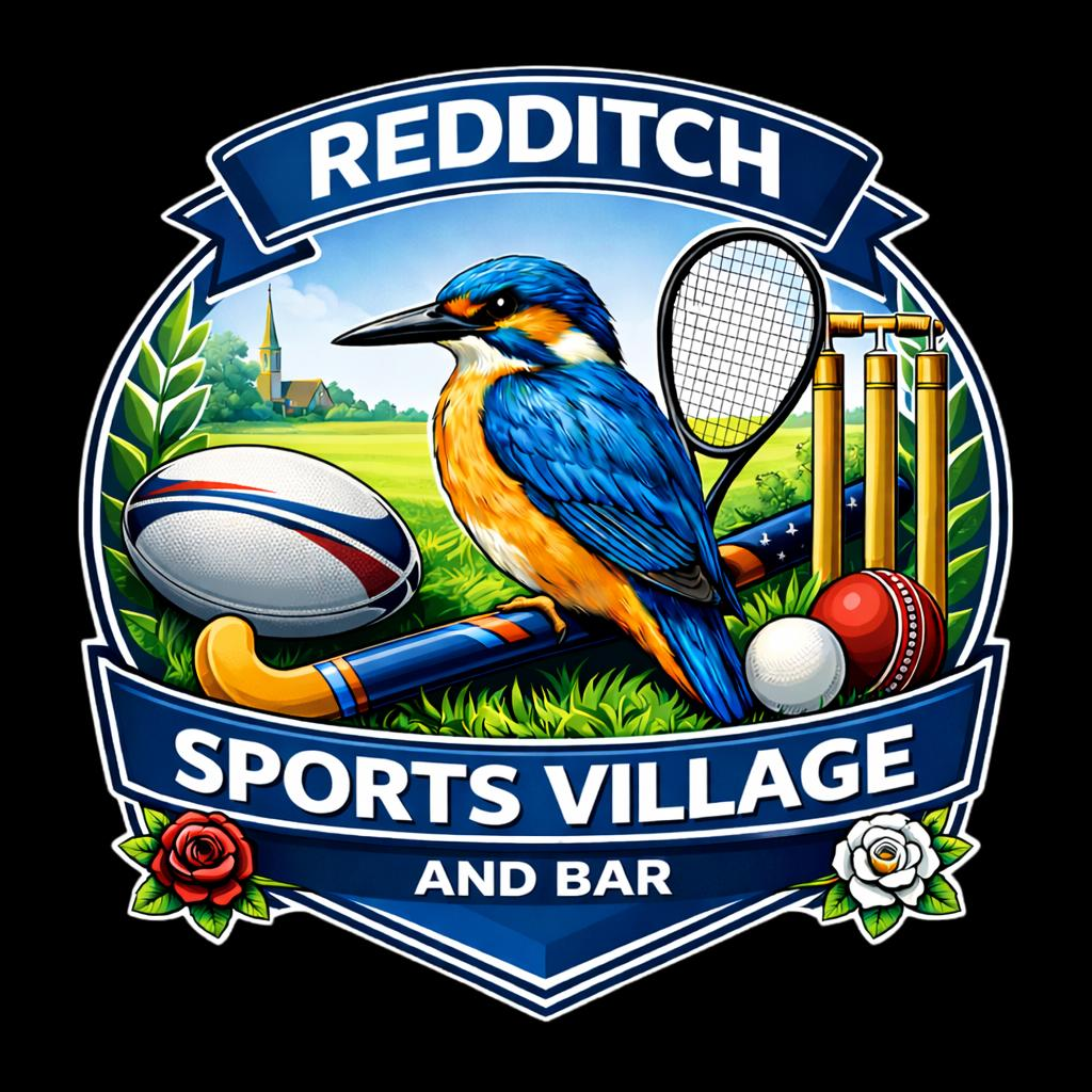 Illustration of a sports emblem featuring a kingfisher bird, rugby ball, ice hockey stick, cricket bat, tennis racket, and sport balls, with the text 'Redditch Sports Village and Bar' and decorative roses.