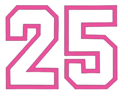 Colorful digital number 25 with pink and green accents.