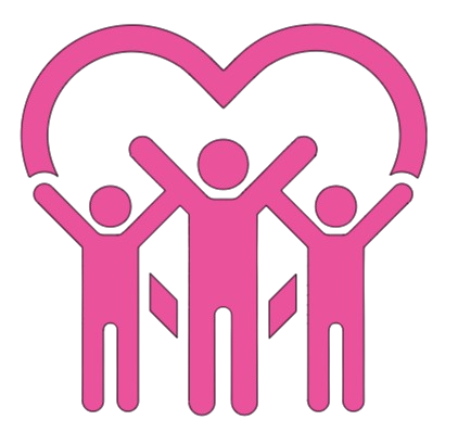 Pink line drawing of three people holding hands under a heart shape, on a black background.