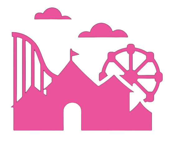 A colorful illustration of a pink factory or industrial building with a large gear and a roller coaster track. There are pink clouds in the sky above.