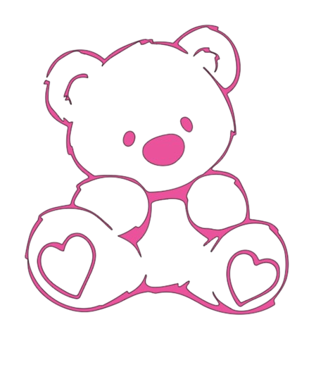 A cartoon teddy bear with a pink nose, sitting with its legs and arms out. The bear has a heart on each of its hands and feet, all outlined in pink with a white interior.
