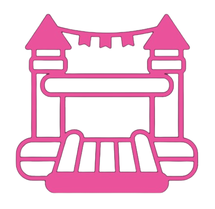 Outline of a pink castle with towers, flags, and a bunting banner, featuring a central entrance and steps leading up to it.