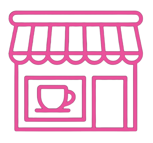 Illustration of a small storefront with a pink awning and window display featuring a coffee cup logo.