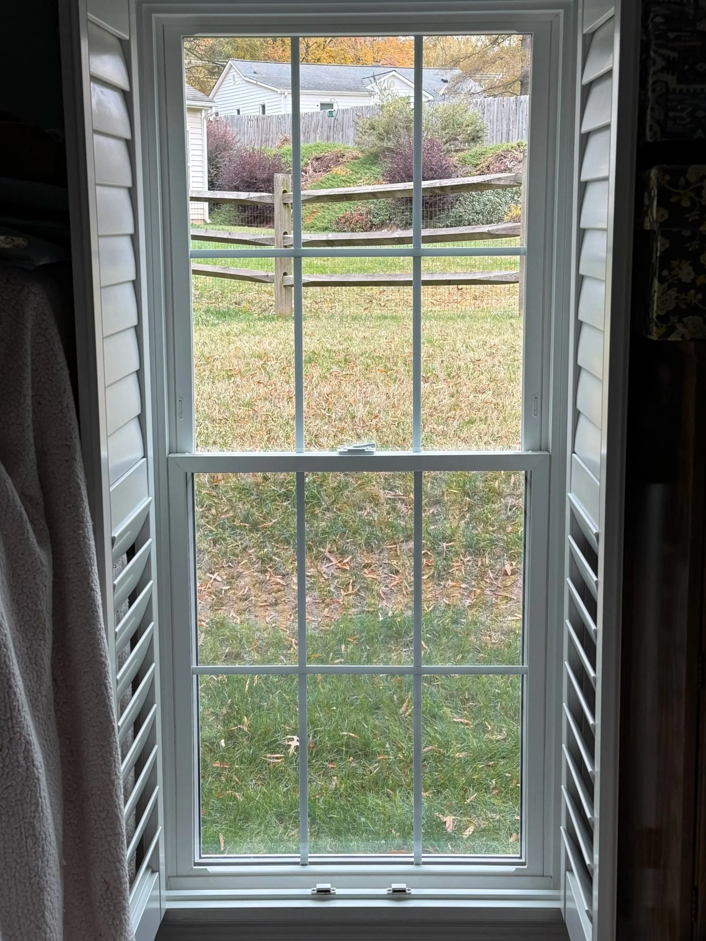 View of a backyard with grass, bushes, a wooden fence, and neighboring houses seen through a window with white trim and shutters.