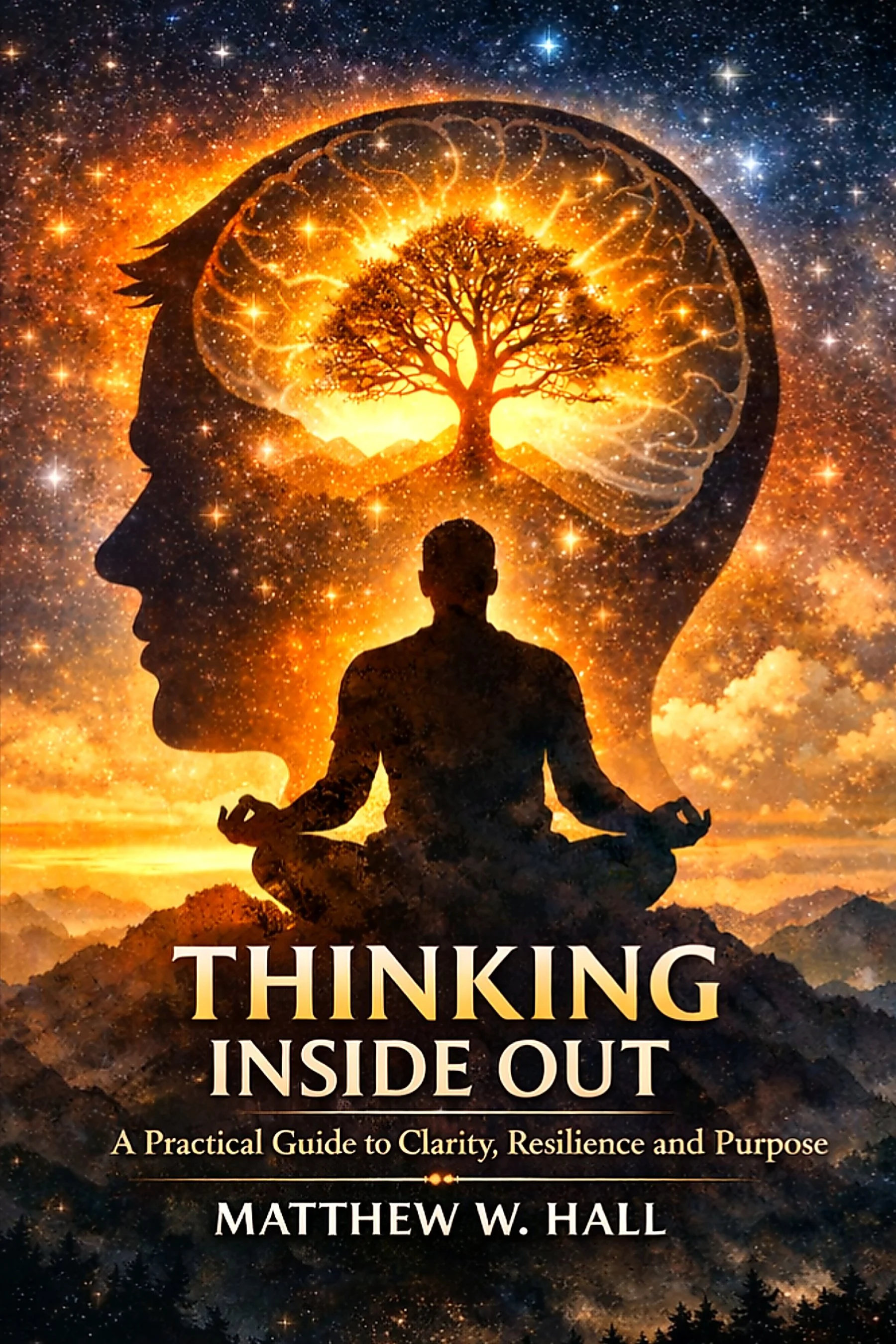 The cover of a book titled "Thinking Inside Out" by Matthew W. Hall. The cover features a silhouette of a person meditating in a nature scene with a large tree and a cosmic background with stars and a glowing sky, symbolizing mindfulness and introspection.
