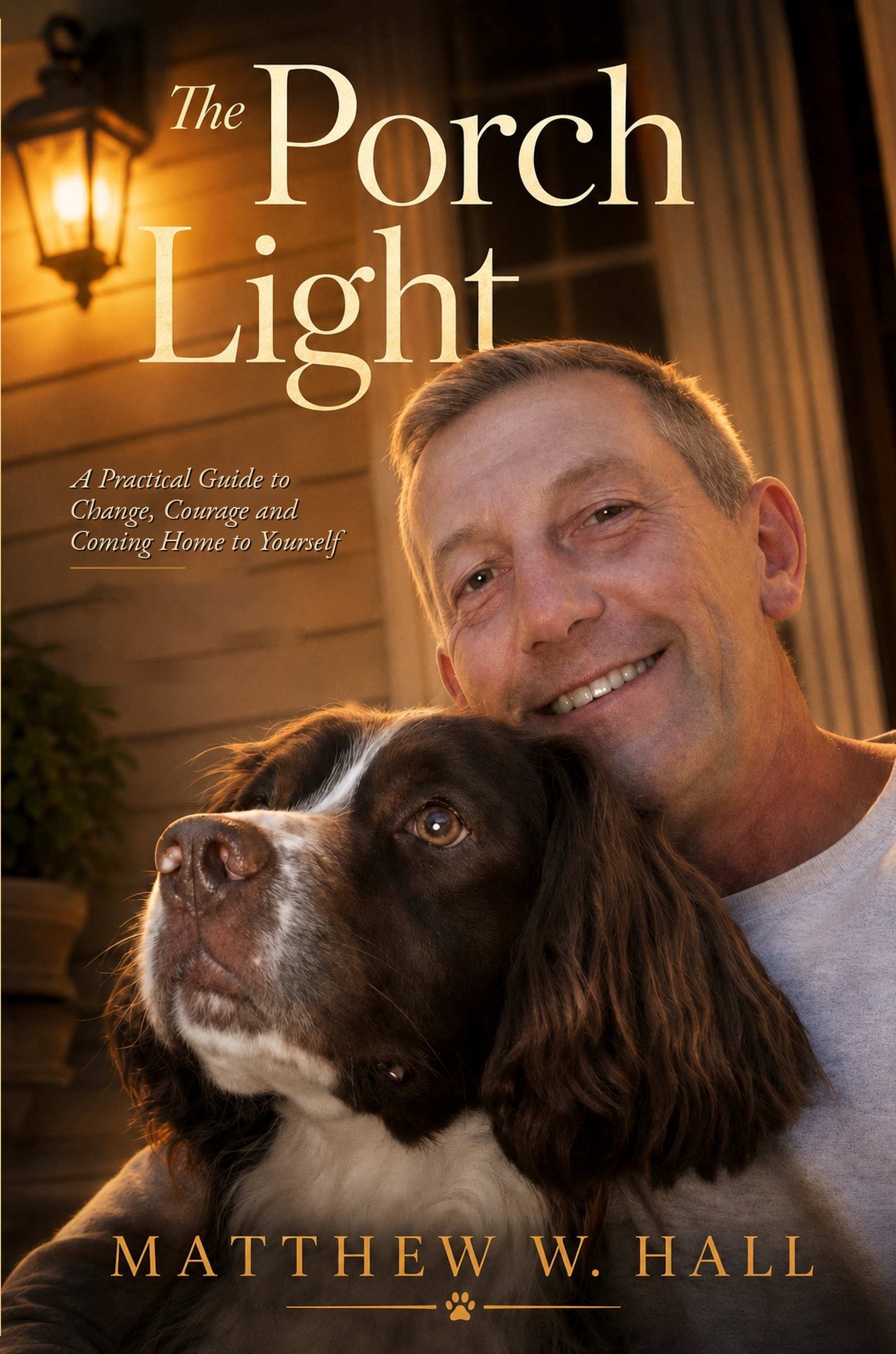 Book cover titled 'The Porch Light: A Practical Guide to Change, Courage and Coming Home to Yourself' by Matthew W. Hall. The cover features a smiling man with short blond hair and a large brown and white dog, outdoors at sunset with warm lighting and a porch or wooden-slatted house in the background.