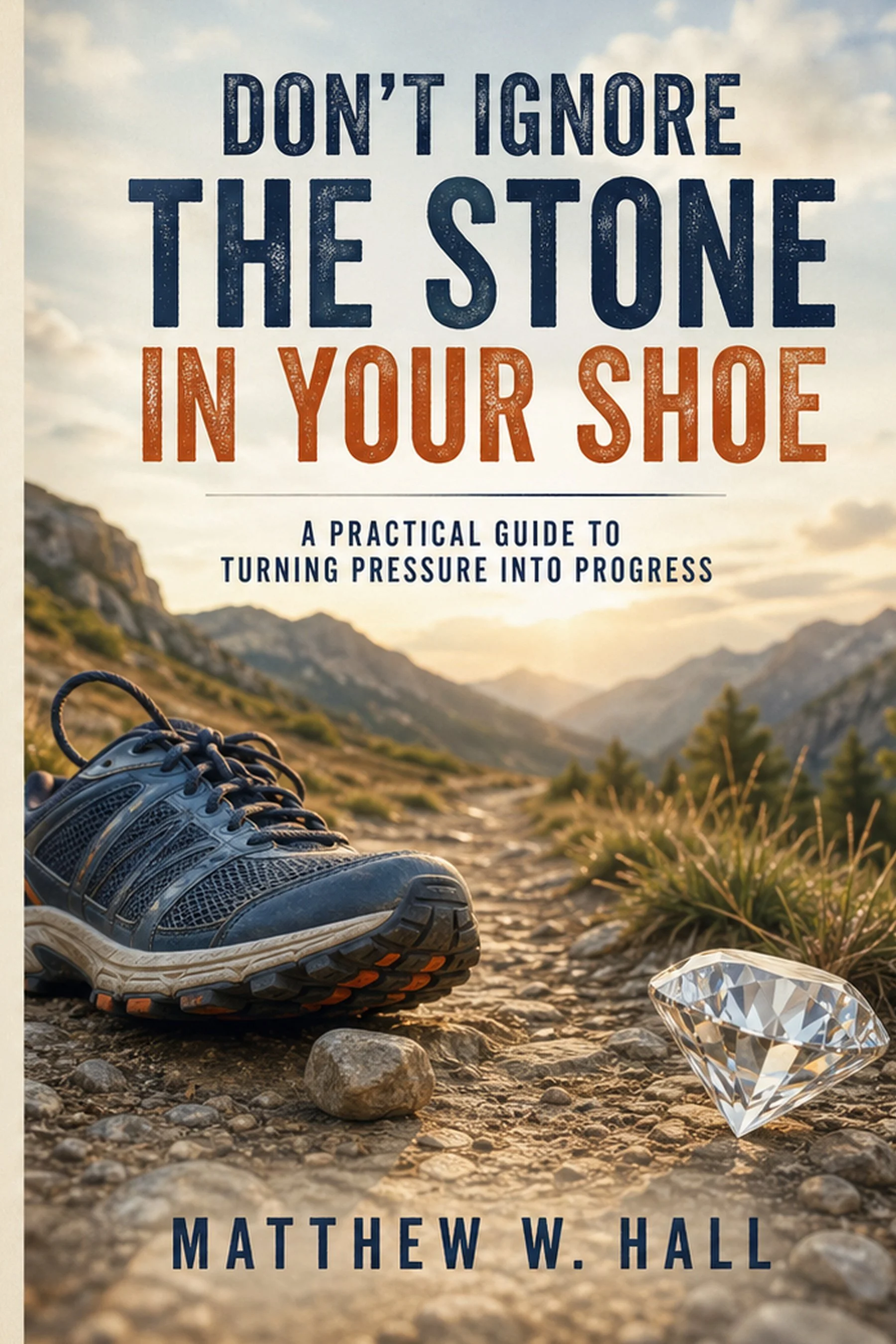 A close-up of a hiking boot, with a diamond ring and a small rock in the foreground, set on a rocky trail with mountains and a cloudy sky in the background. The image also features the book title "Don't Ignore The Stone in Your Shoe" and author "Matthew W. Hall."