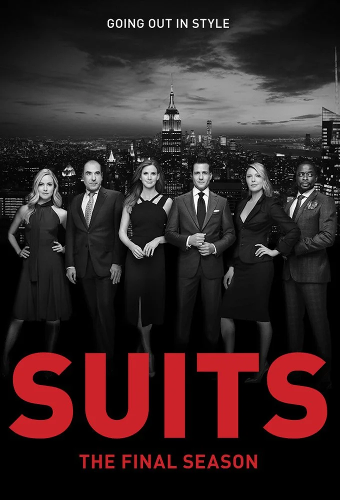 Promotional poster for the final season of the television show "Suits" featuring six suited professionals standing in front of a city skyline at night, with the Brooklyn Bridge and the Empire State Building visible.