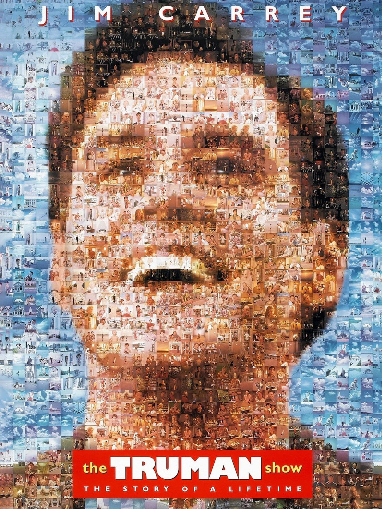 A collage of various photos forming an image of Donald Trump, with the text 'JIM CARRREY' at the top and a red banner at the bottom that reads 'the TRUMAN show: THE STORY OF A LIFETIME.'