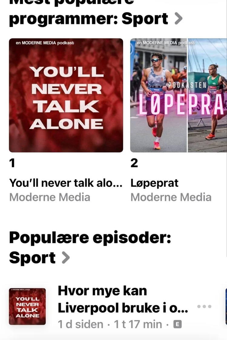 You'll Never Talk Alone på førsteplass blant sportspodkaster på Apple Podcasts
