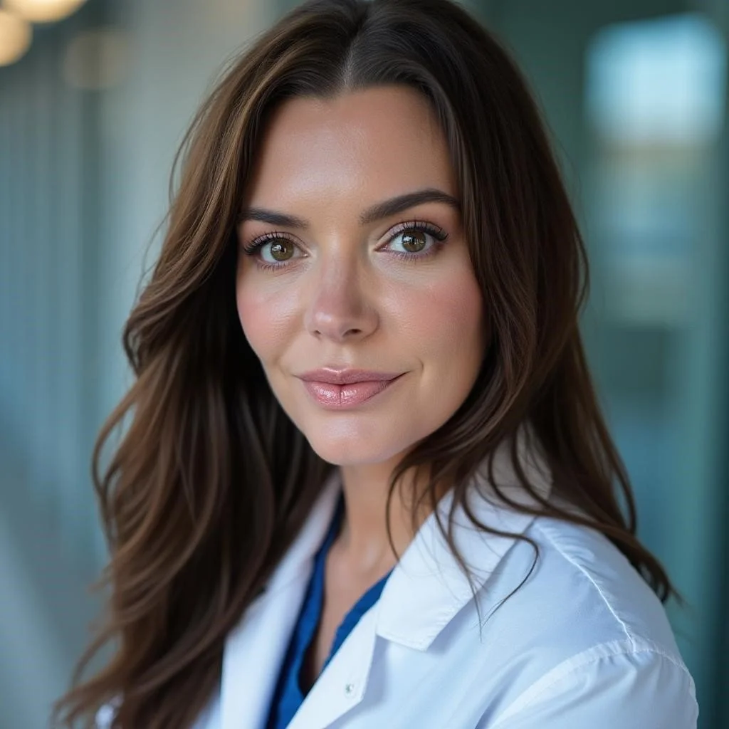 Close-up portrait of a woman with brown hair and hazel eyes, wearing a white lab coat, in a professional setting.