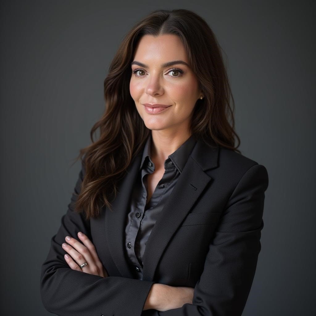 A woman with long dark hair, dressed in a black blazer and shirt, standing with arms crossed and smiling confidently against a plain dark background.