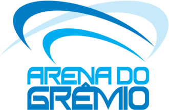 Logotipo azul com a palavra 'arena do grêmio' estilizada