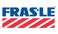 Logo da Fras-le com letras azuis e vermelhas e listras vermelhas abaixo